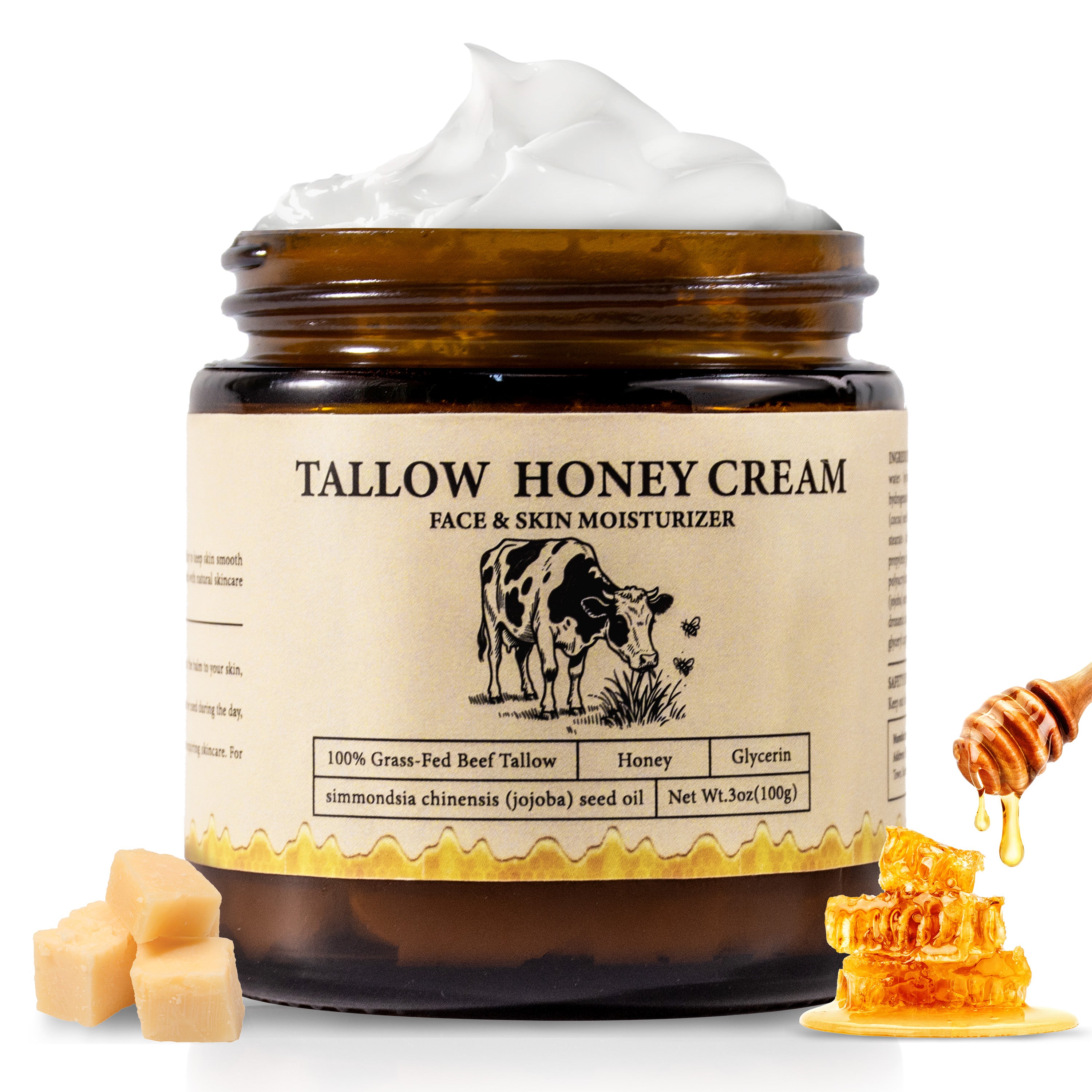 2Bmagic Beef Tallow Face Cream - Nourishing Face Cream, Moisturizer, Body Lotion, Skin Care and Lip Balm Hydrating Moisturizer 3.5oz Moisturizing Oil Organic Honey
