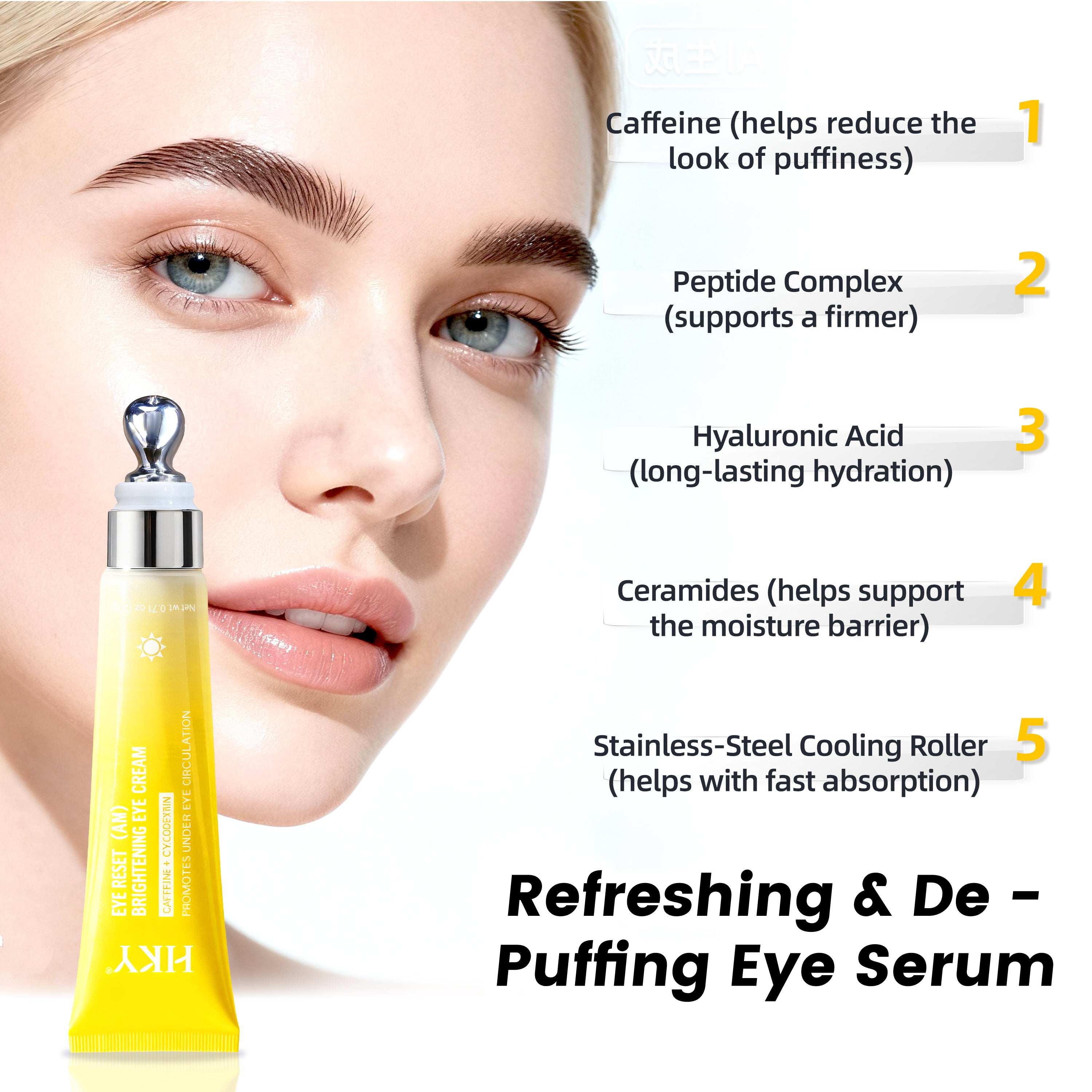 HKY AM/PM Eye Reset System - Day & Night Cream Set with Zamak Metal Massage Head