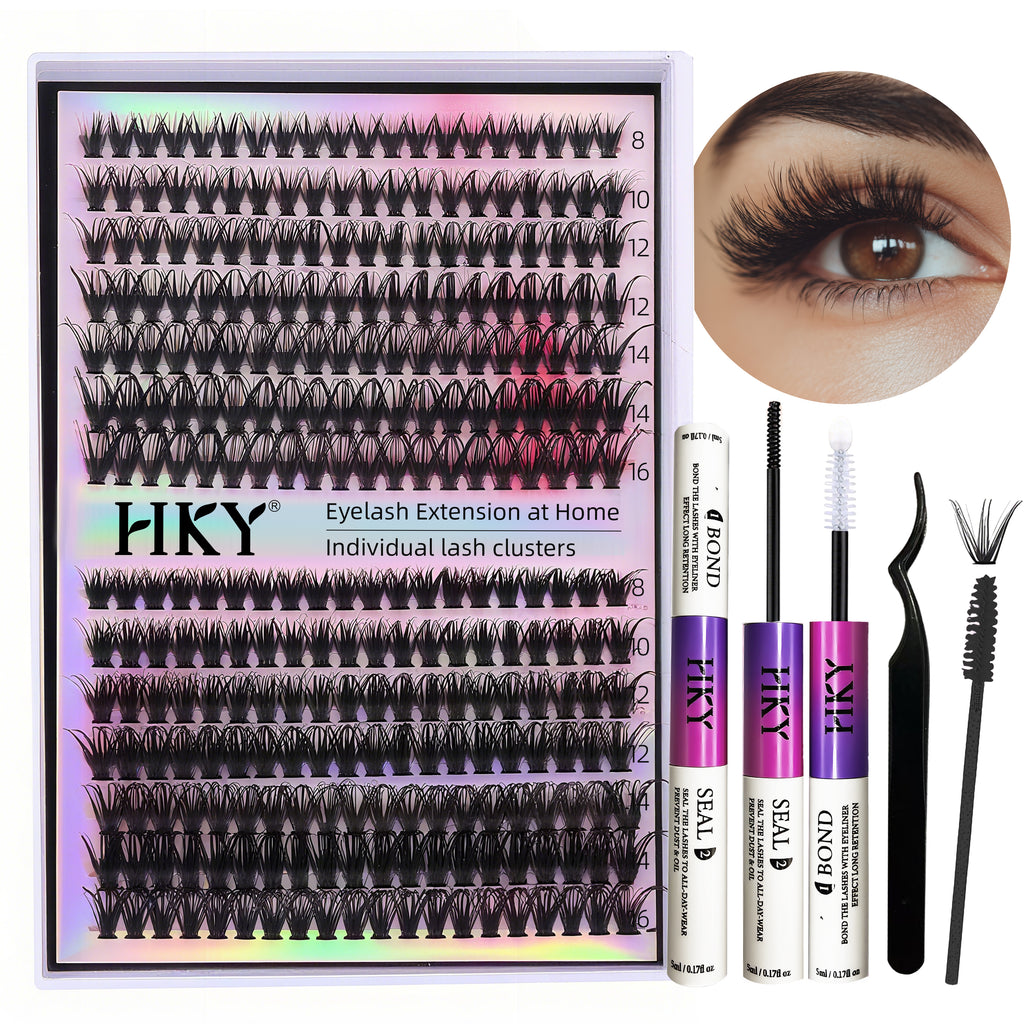 HKY Eyelash Extension at Home Set | 30D/40D Clusters, 8–16mm Mix, Waterproof, Strong Hold, Tweezers Included