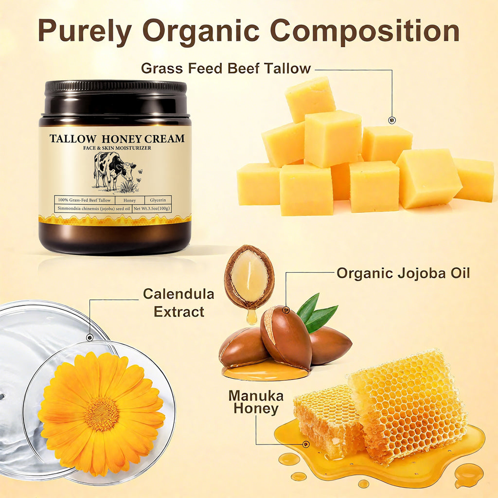 2Bmagic Beef Tallow Face Cream - Nourishing Face Cream, Moisturizer, Body Lotion, Skin Care and Lip Balm Hydrating Moisturizer 3.5oz Moisturizing Oil Organic Honey