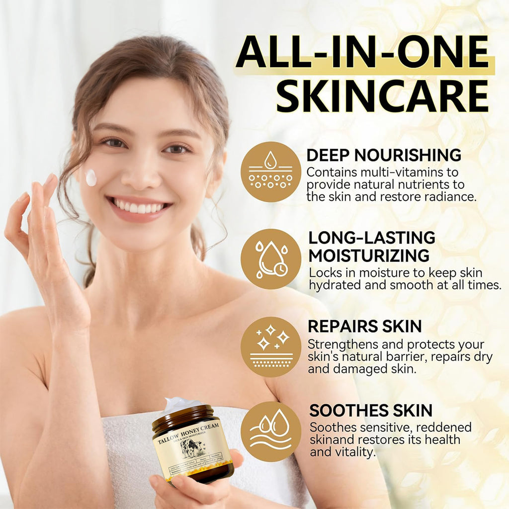 2Bmagic Beef Tallow Face Cream - Nourishing Face Cream, Moisturizer, Body Lotion, Skin Care and Lip Balm Hydrating Moisturizer 3.5oz Moisturizing Oil Organic Honey