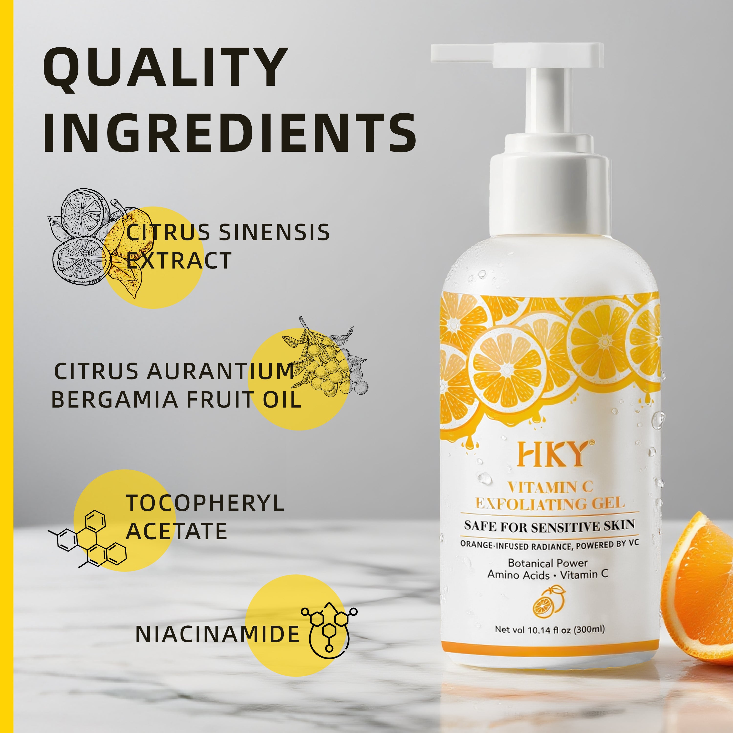 HKY Vitamin C Exfoliating Gel 300ml | Salicylic Acid + Hydrated Silica, Gentle Face & Body Peeling Gel, Helps Unclog Pores, Sensitive-Skin Friendly