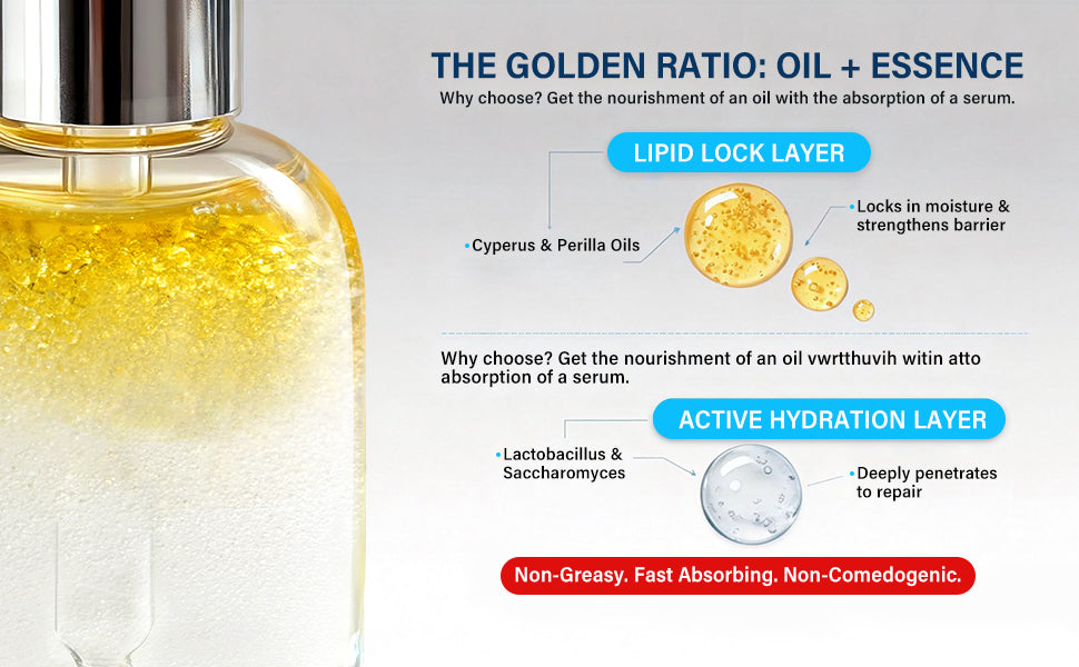 HKY Bi-Phase Face Oil Serum for Dry & Dull Skin - Hydrating Overnight Repair Ampoule with Lactobacillus Ferment & Plant Oils - Non-Greasy Anti-Aging Moisturizer for Face, 30ml