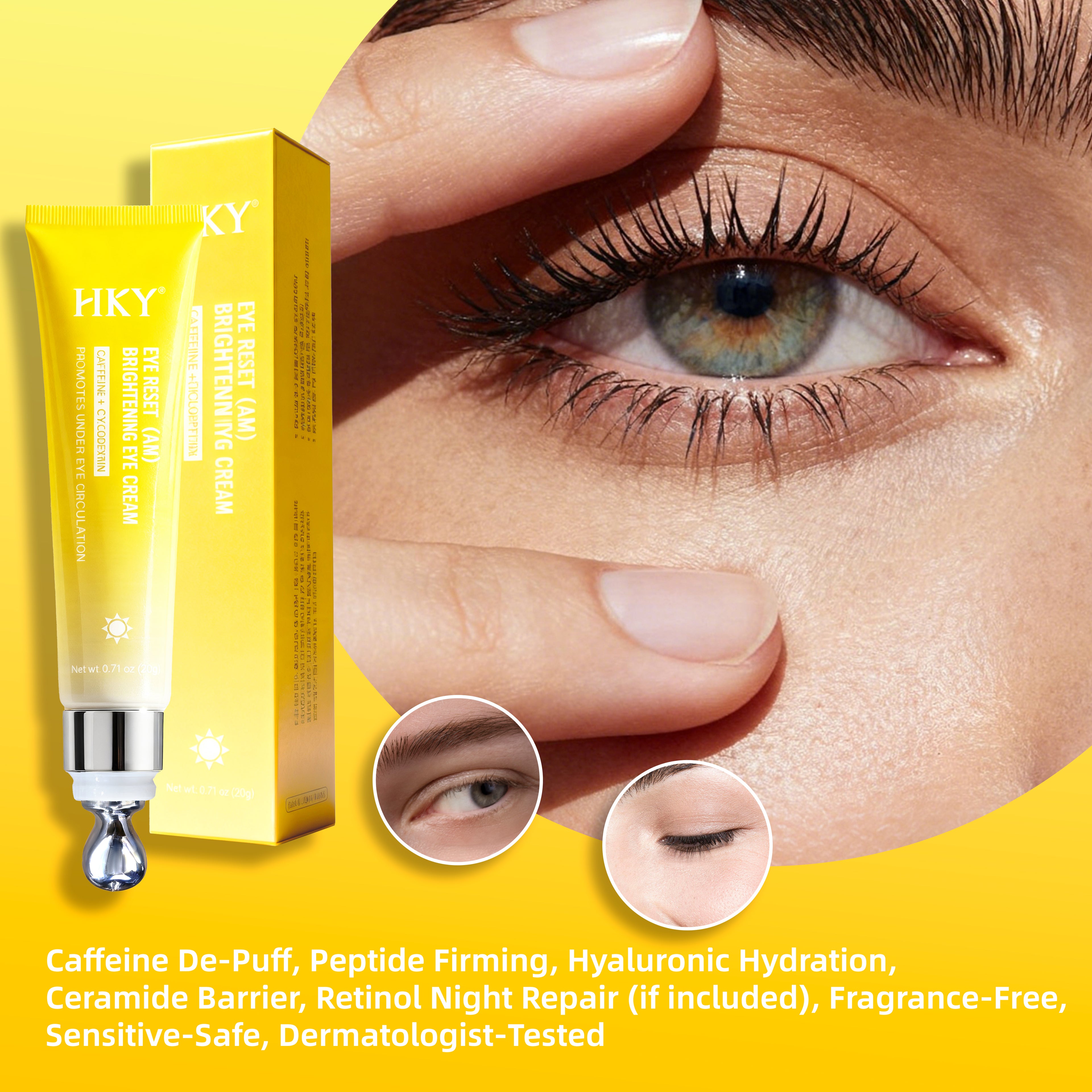 HKY AM/PM Eye Reset System - Day & Night Cream Set with Zamak Metal Massage Head