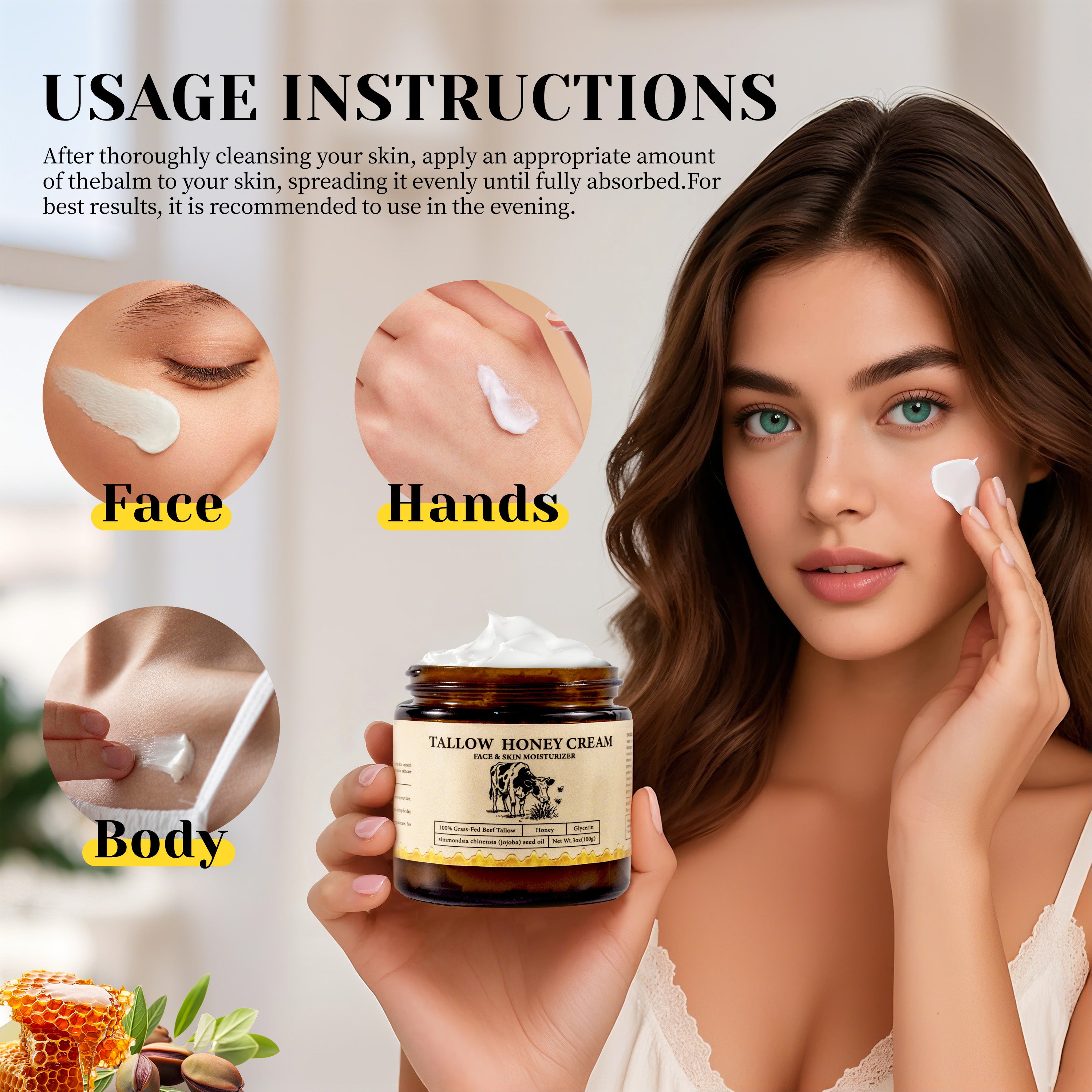 2Bmagic Beef Tallow Face Cream - Nourishing Face Cream, Moisturizer, Body Lotion, Skin Care and Lip Balm Hydrating Moisturizer 3.5oz Moisturizing Oil Organic Honey