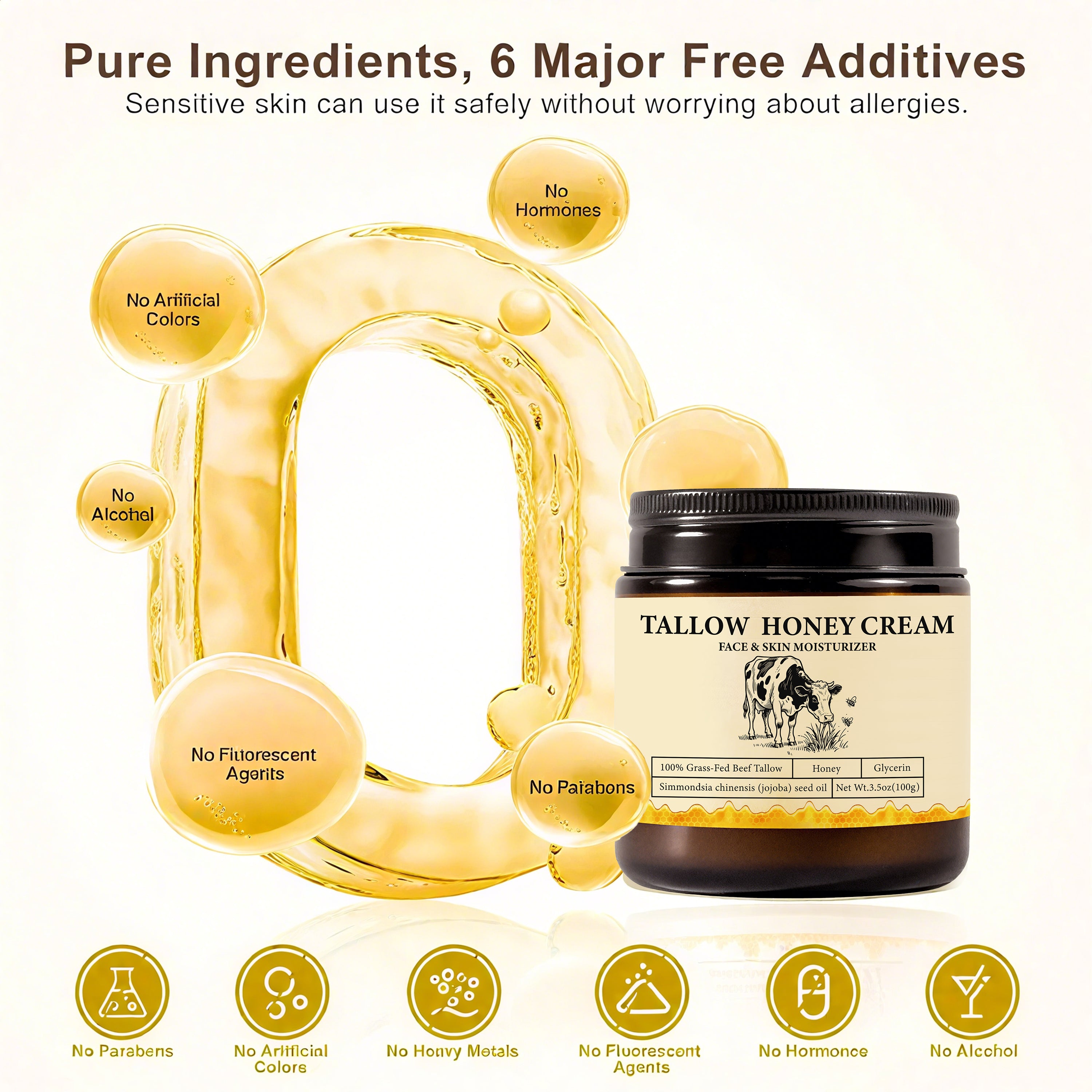 2Bmagic Beef Tallow Face Cream - Nourishing Face Cream, Moisturizer, Body Lotion, Skin Care and Lip Balm Hydrating Moisturizer 3.5oz Moisturizing Oil Organic Honey