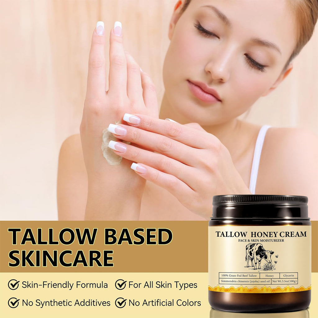 2Bmagic Beef Tallow Face Cream - Nourishing Face Cream, Moisturizer, Body Lotion, Skin Care and Lip Balm Hydrating Moisturizer 3.5oz Moisturizing Oil Organic Honey