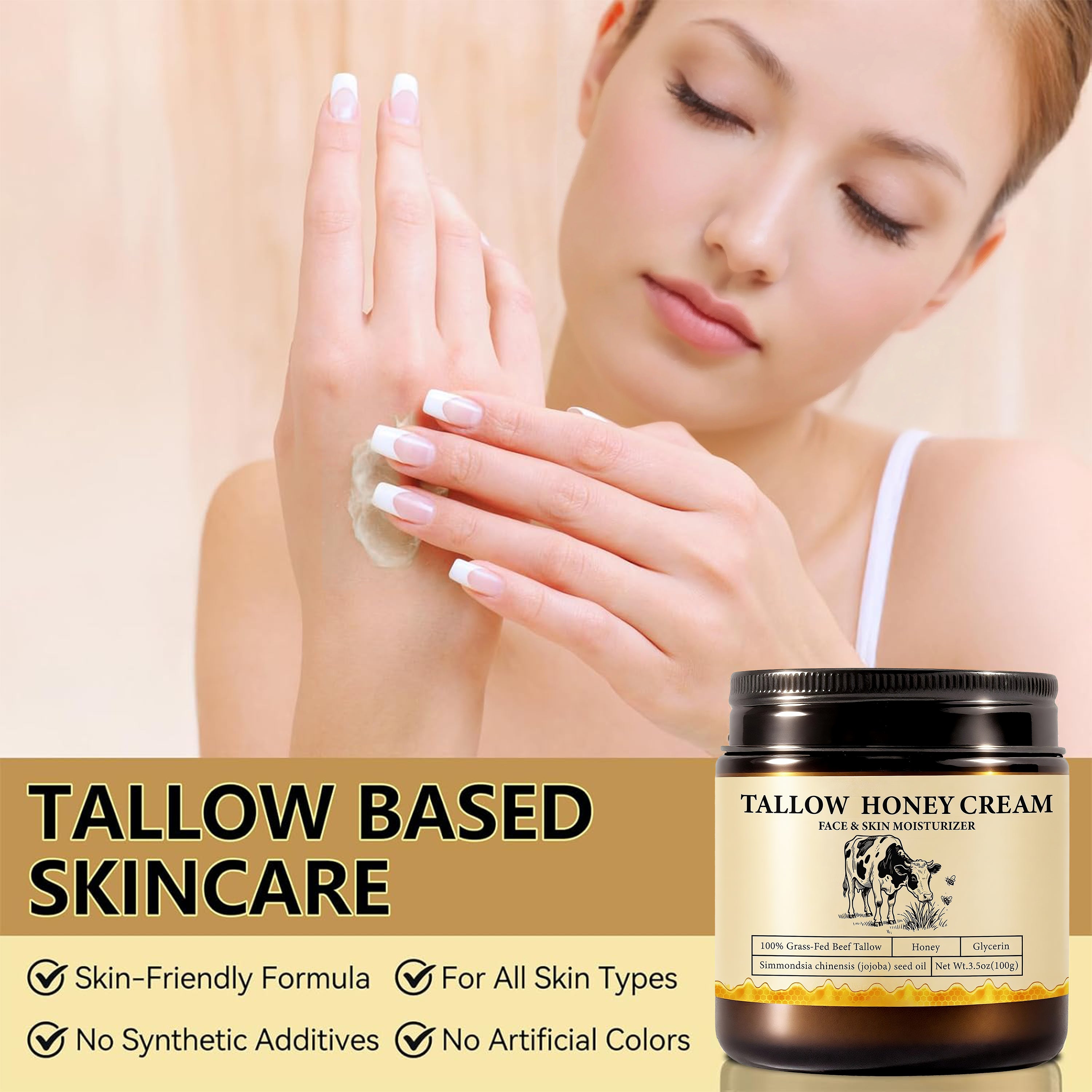 2Bmagic Beef Tallow Face Cream - Nourishing Face Cream, Moisturizer, Body Lotion, Skin Care and Lip Balm Hydrating Moisturizer 3.5oz Moisturizing Oil Organic Honey