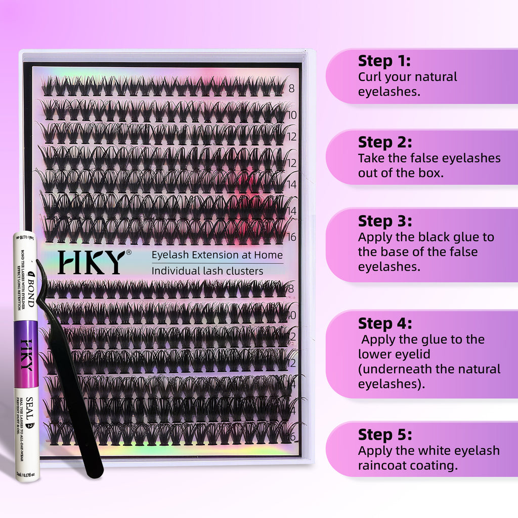 HKY Eyelash Extension at Home Set | 30D/40D Clusters, 8–16mm Mix, Waterproof, Strong Hold, Tweezers Included