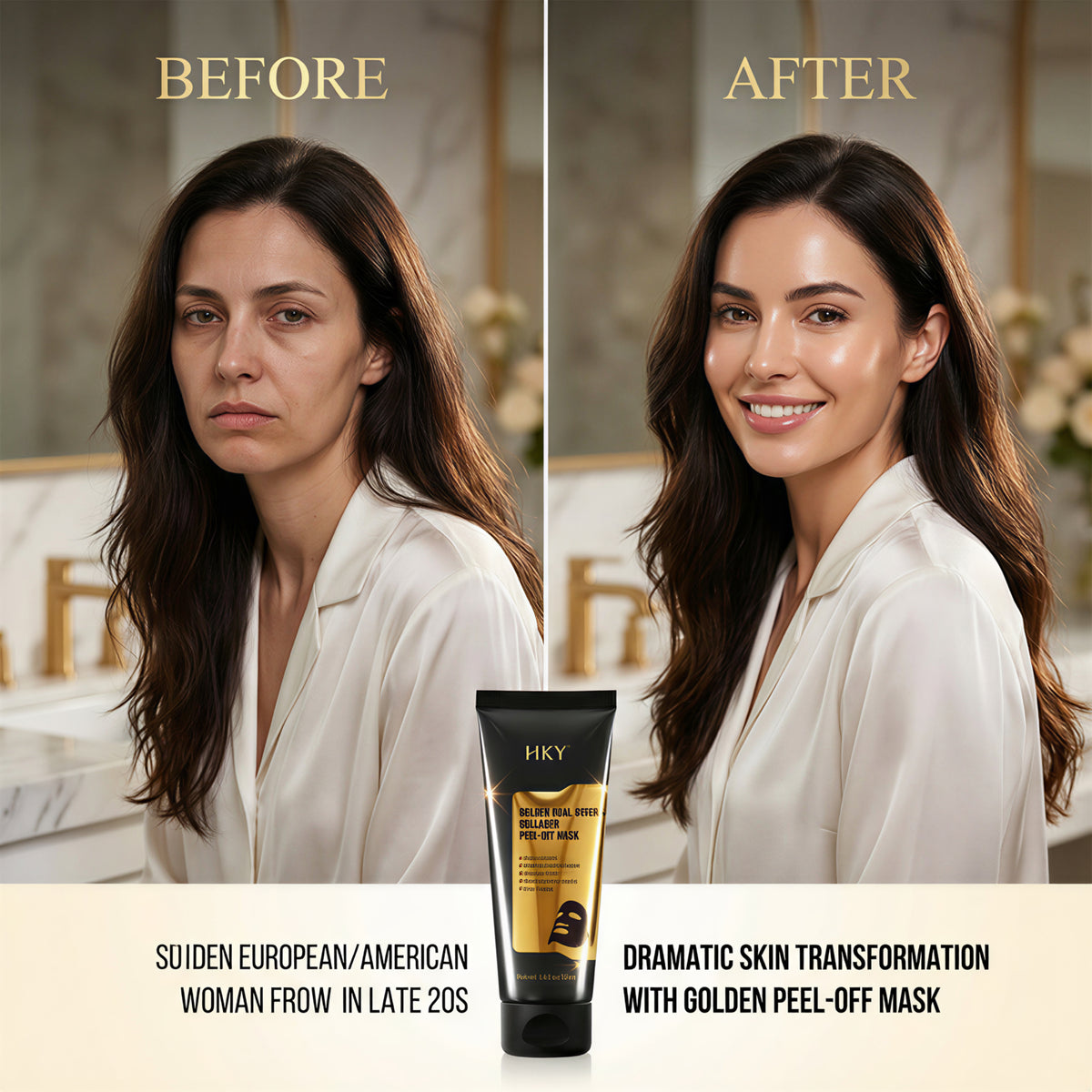 HKY Golden Mask application - rich golden formula gliding onto skin for anti-aging glow