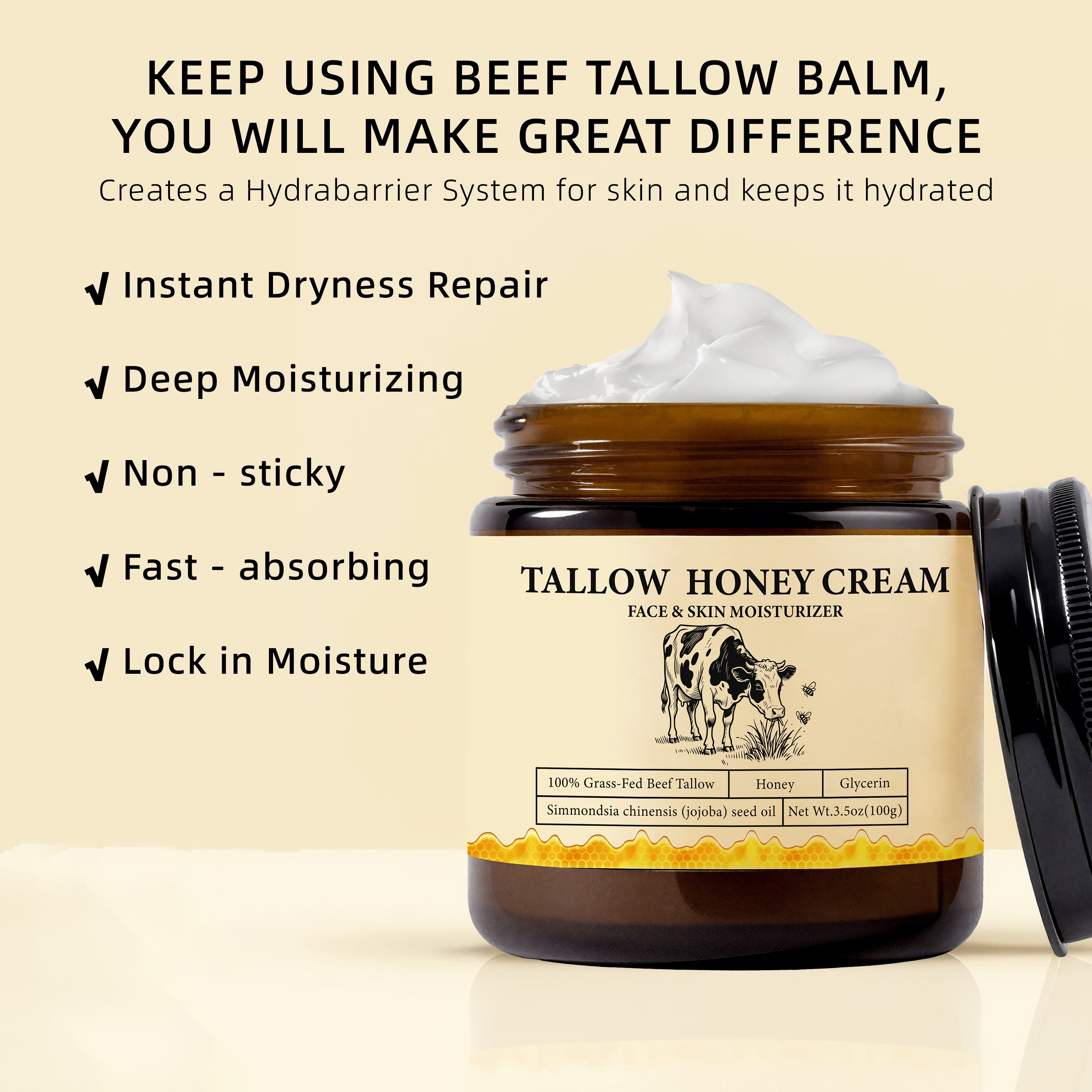 2Bmagic Beef Tallow Face Cream - Nourishing Face Cream, Moisturizer, Body Lotion, Skin Care and Lip Balm Hydrating Moisturizer 3.5oz Moisturizing Oil Organic Honey