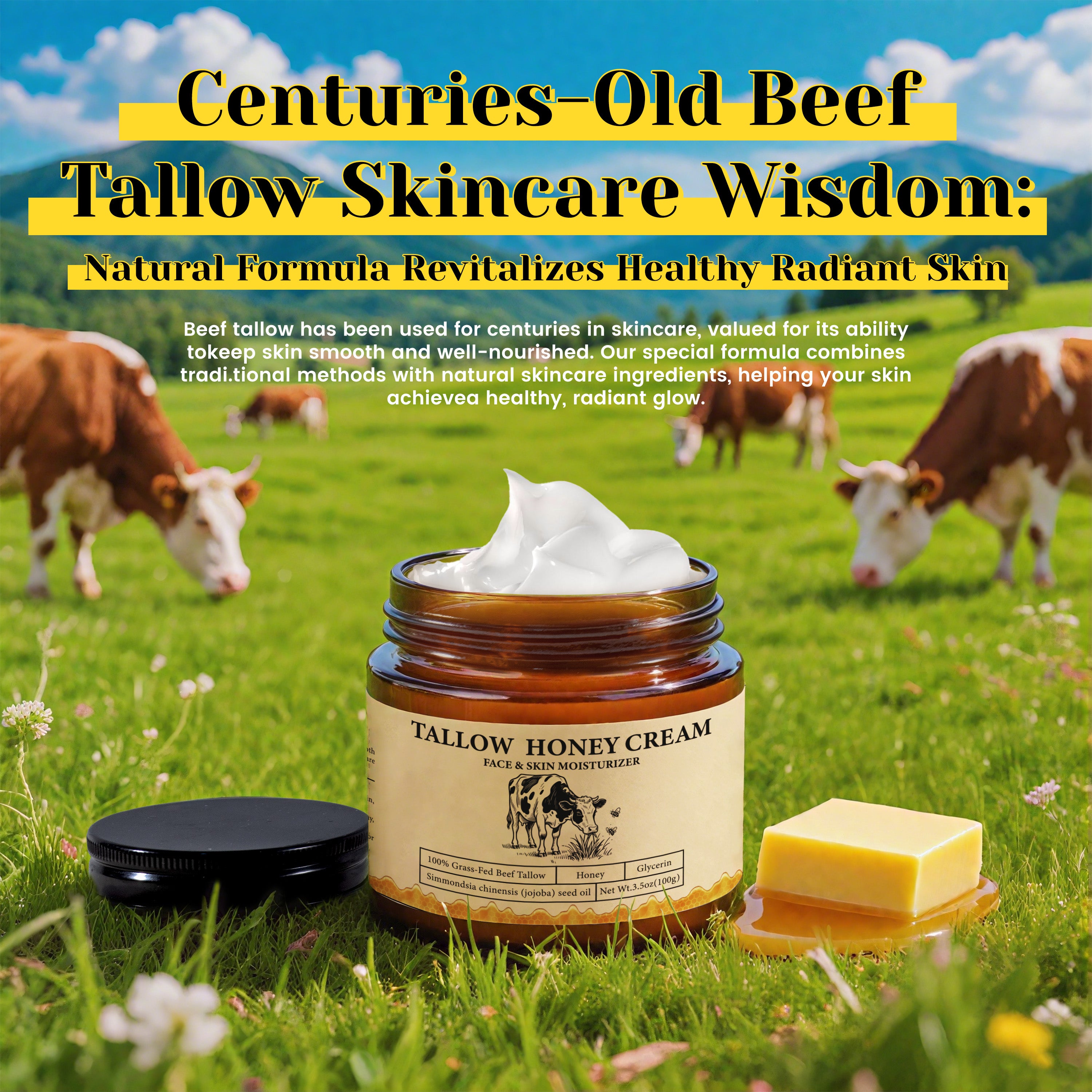 2Bmagic Beef Tallow Face Cream - Nourishing Face Cream, Moisturizer, Body Lotion, Skin Care and Lip Balm Hydrating Moisturizer 3.5oz Moisturizing Oil Organic Honey