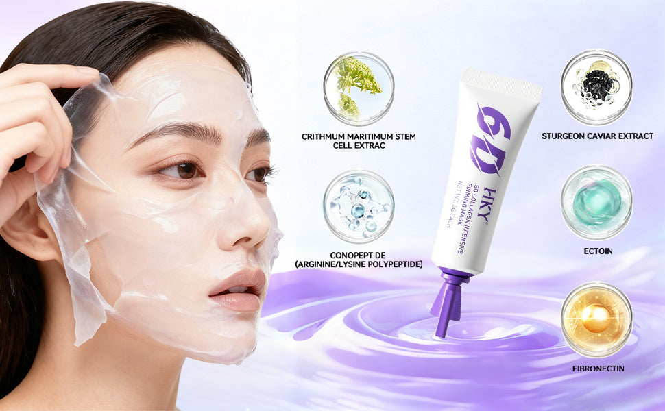 HKY 6D Collagen Intensive Firming Mask [10 Stick Packs] - Portable Overnight Peel Off Wrapping Mask for Glass Skin - Infused with Sturgeon Caviar, Crithmum Stem Cells & Conopeptide - Travel Size (50g)