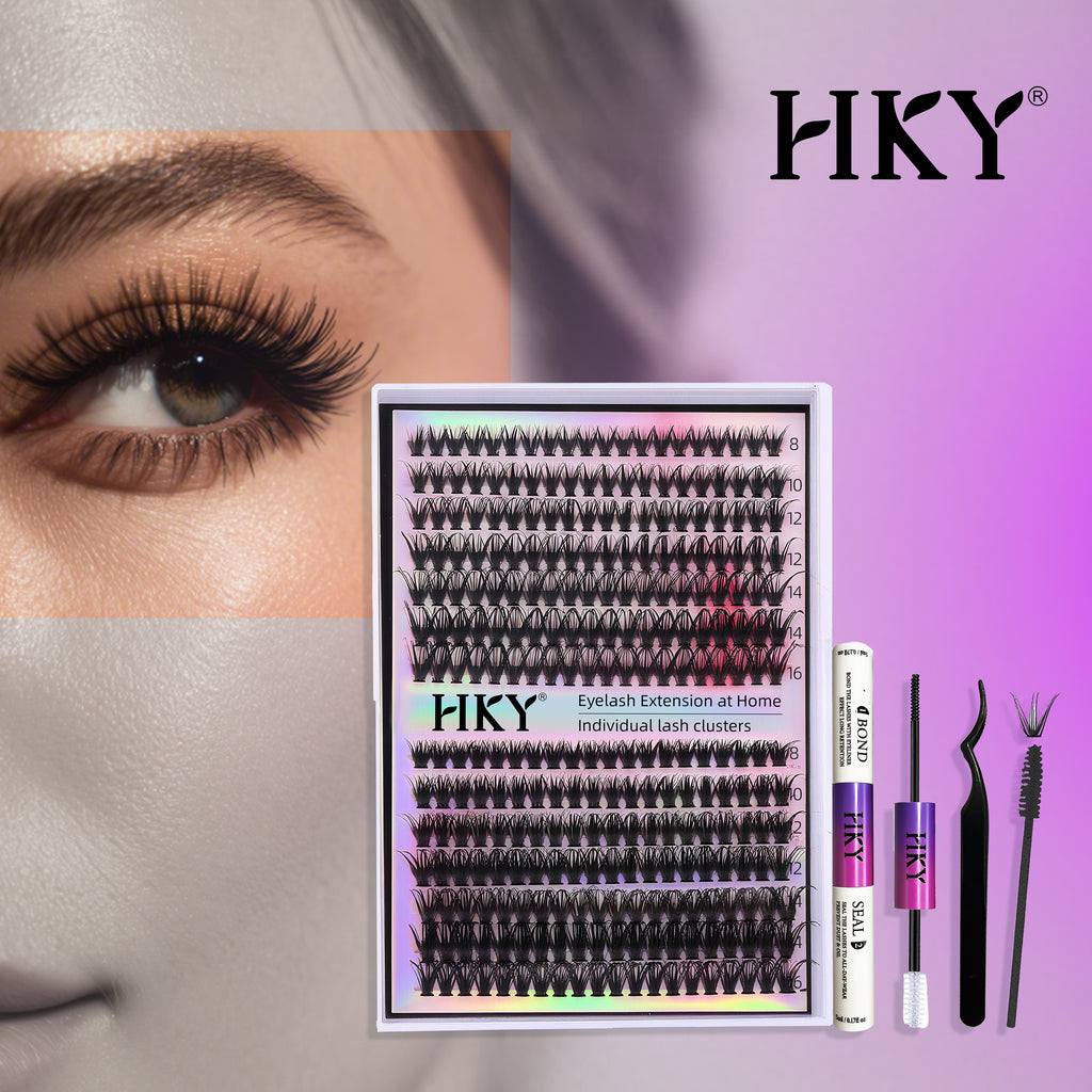HKY Eyelash Extension at Home Set | 30D/40D Clusters, 8–16mm Mix, Waterproof, Strong Hold, Tweezers Included