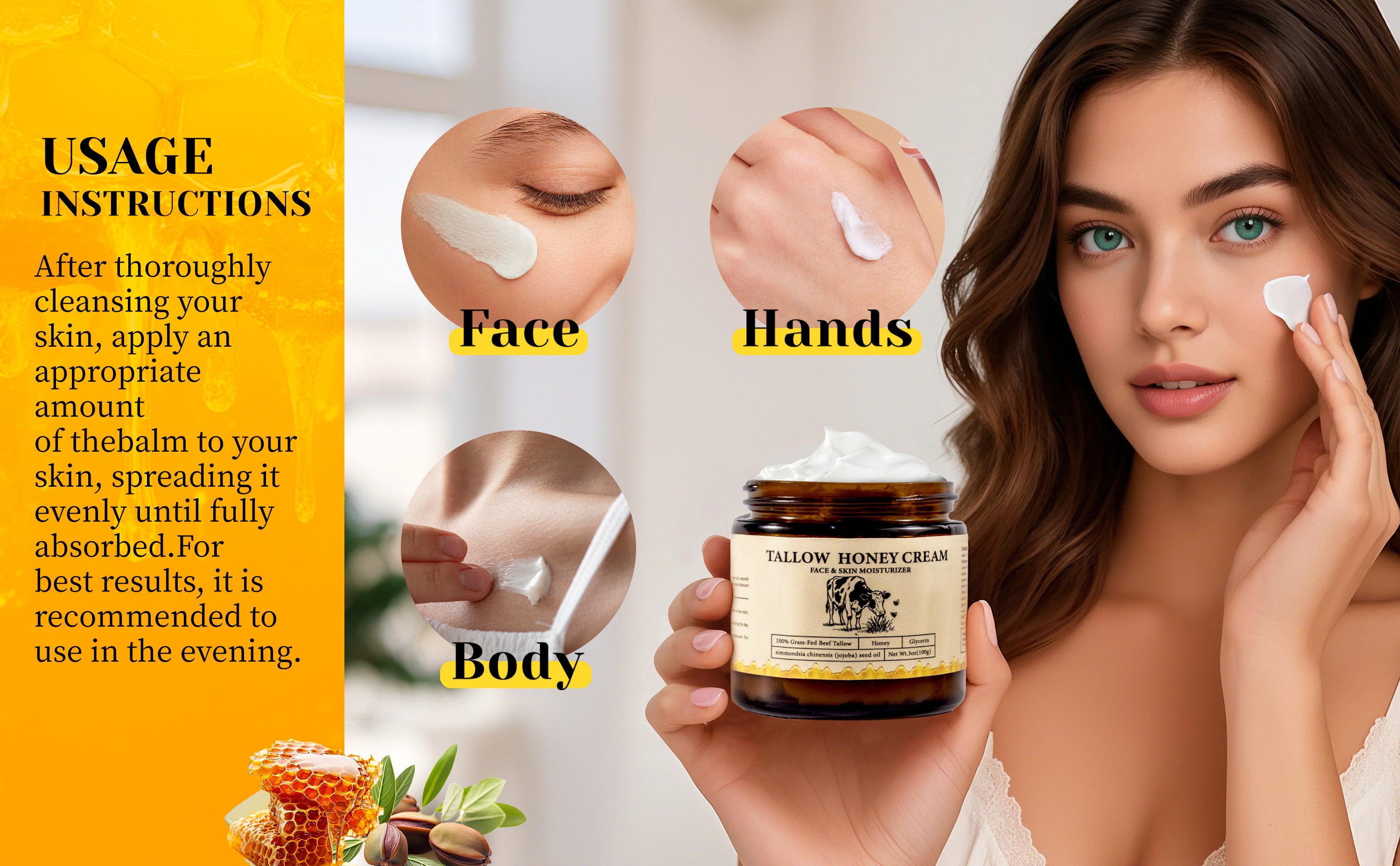 2Bmagic Beef Tallow Face Cream - Nourishing Face Cream, Moisturizer, Body Lotion, Skin Care and Lip Balm Hydrating Moisturizer 3.5oz Moisturizing Oil Organic Honey